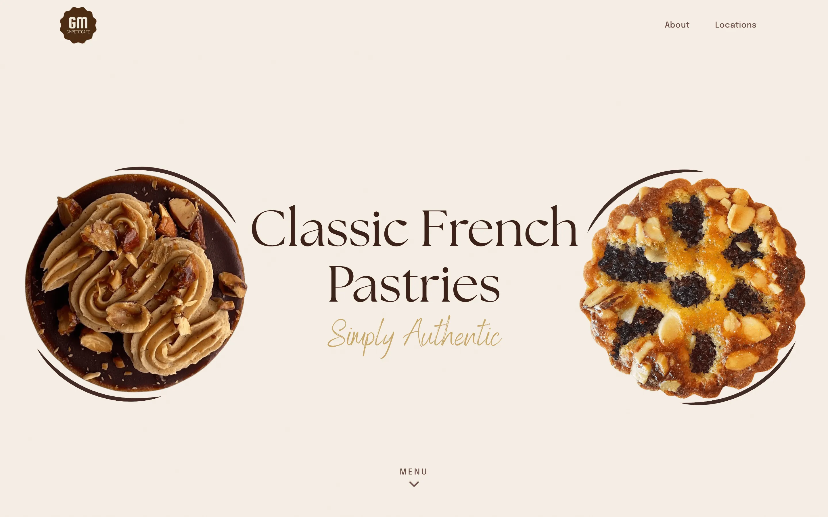gmpetitcafe.com home page: the headline Classic French Pastries between two photographed tarts on a cream ground.